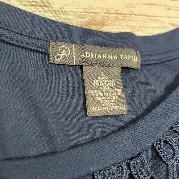 Adrianna Papell Navy Blue Top Shirt Lace Sleeves And Neckline Overlay Size Small - Picture 5 of 11